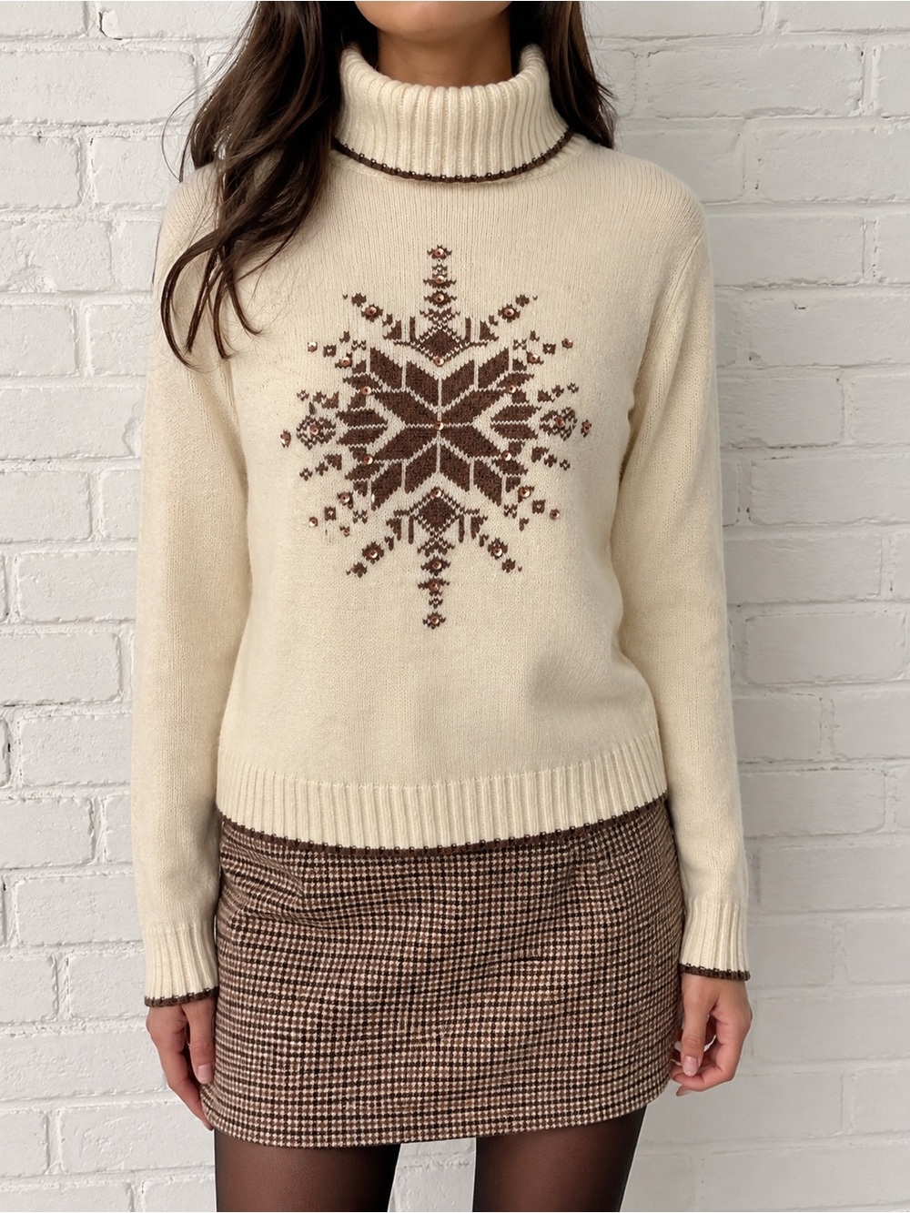 Vintage New York & Company Cream Snowflake Sequin Turtleneck Sweater M